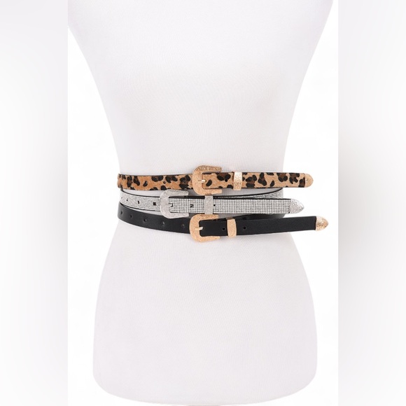 Accessories - 3 PC Vegan Suede Skinny Animal Print Statement Belt Set